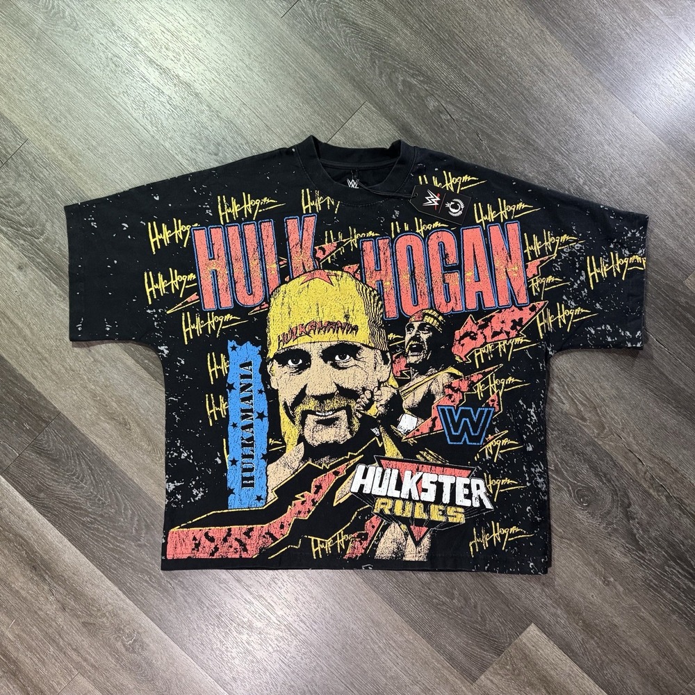 Hulk Hogan Aop T-Shirt Wrestling Hulkster Wwf Wcw Wwe Black Mens Size Large Boxy